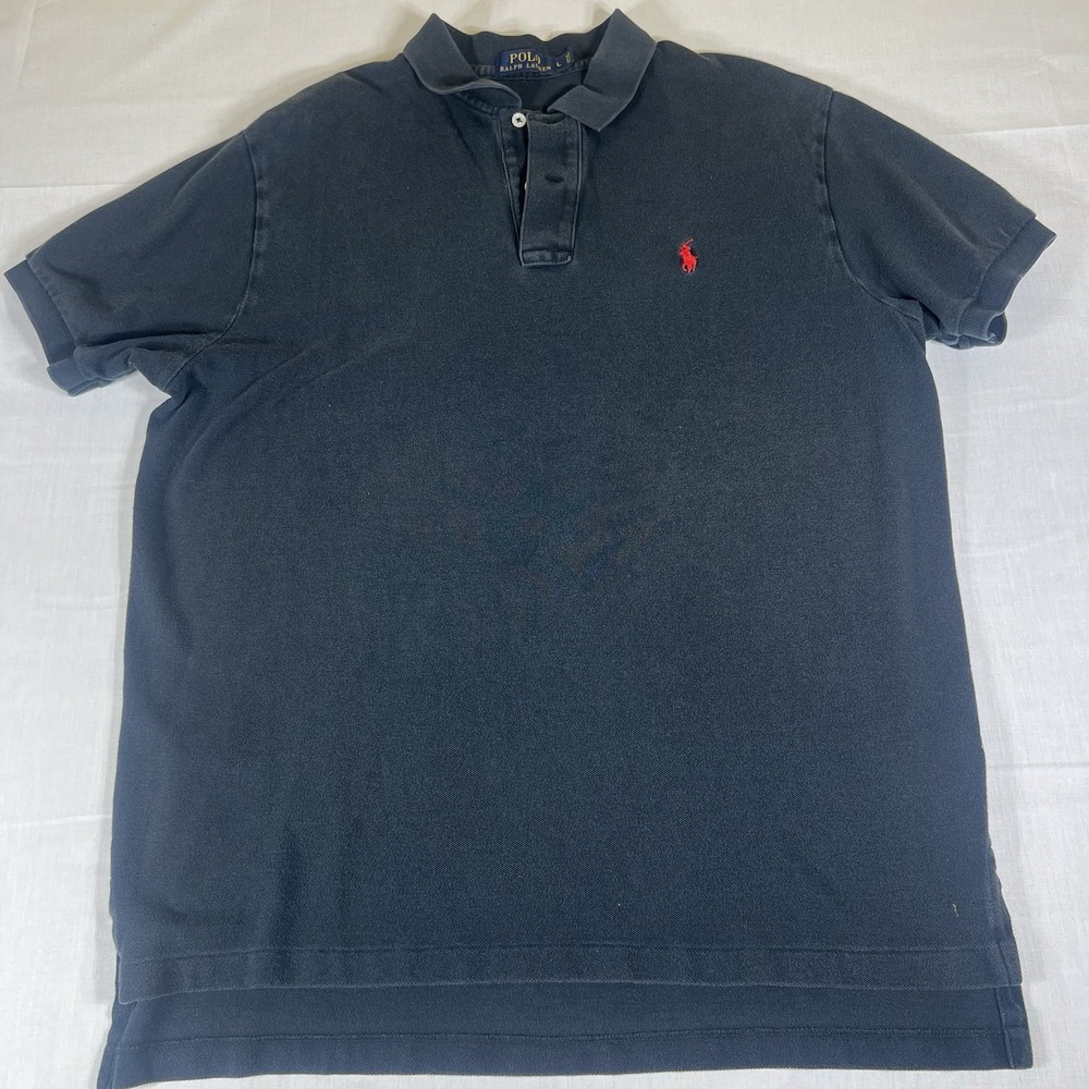 Polo Ralph Lauren Custom Fit Mens Large Navy Polo Shirt Red Pony Cotton